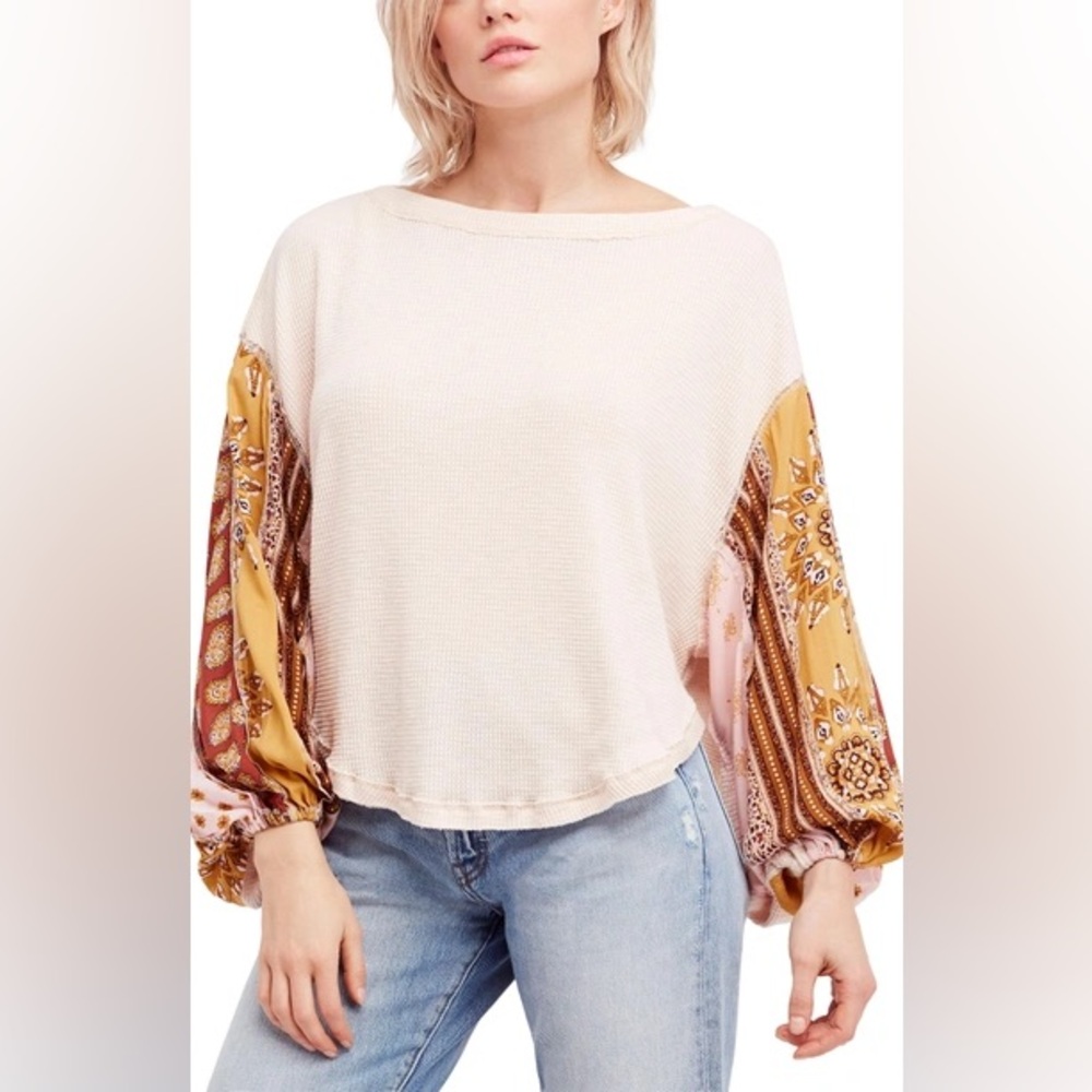 Free People / We The Free Size Small Balloon Sleeve and Thermal Mixed Fabric Top